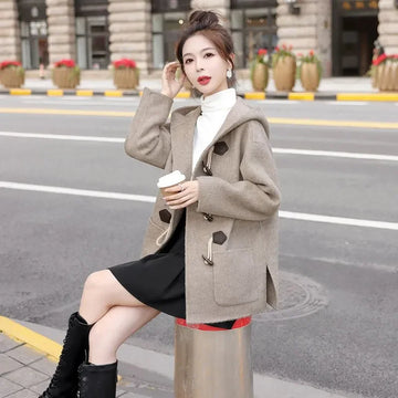 2025 New Autumn Winter Hooded Woolen Coat Women Fashion Long Sleeves Horn Buckle Short Wool Jacket Female Loose Outerwear T1496