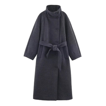Fashionable Long Coat with Stand Collar And Belt Autumn New Arrival Women's Woolen Outerwear Comfortable Casual Korean Style