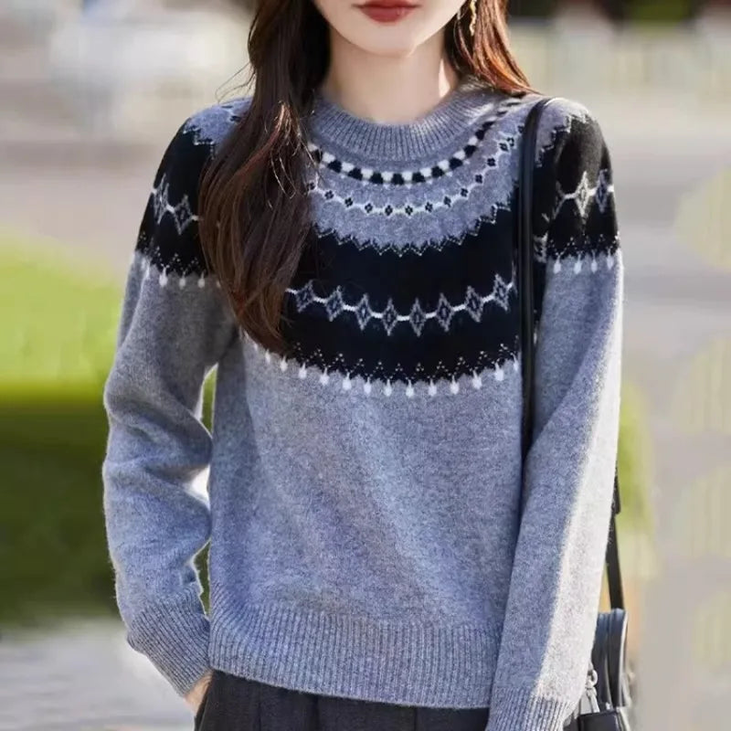 Women's Crew Neck Nordic Pattern Knit Sweater Long Sleeve Casual Warm Pullover Autumn Winter Top