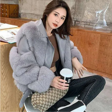 Women Fashion Warm Cardigan Fur Coat Winter Female New Korean PU Leather Imitation Fox Fur Medium Length Thick Haining Coats