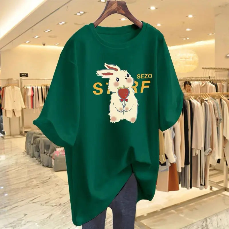 Women's Clothing Sweet Rabbit Print Pure Cotton T-shirt Summer Casual Loose O-neck Short Sleeve Top Tee All-match Basic Pullover