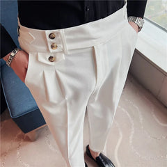 British Style Spring Solid Business Casual Suit Pants High Waist Button Men Formal Pants Slim Office Trousers