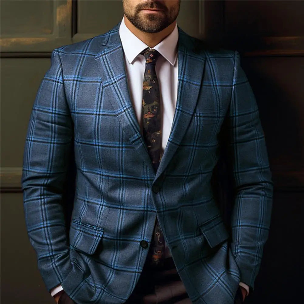 Men Suit Jacket Formal Plaid Print Long Sleeve Single Button Closure Business Coat Mid Length Cardigan Work Office Coat