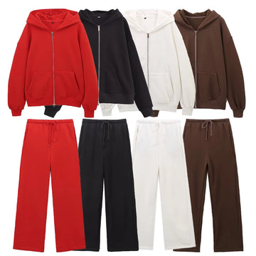 autumn new women's fashionable casual zipper decoration hooded long sleeved sportswear jacket wide leg pants set