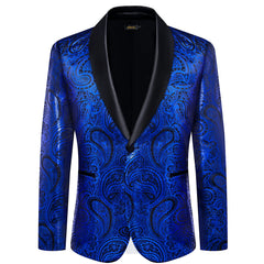 Men's Royal Blue Yellow Blazer Coat Business Slim Fit Single Button Paisley Suit Jacket for Business Party Wedding Prom