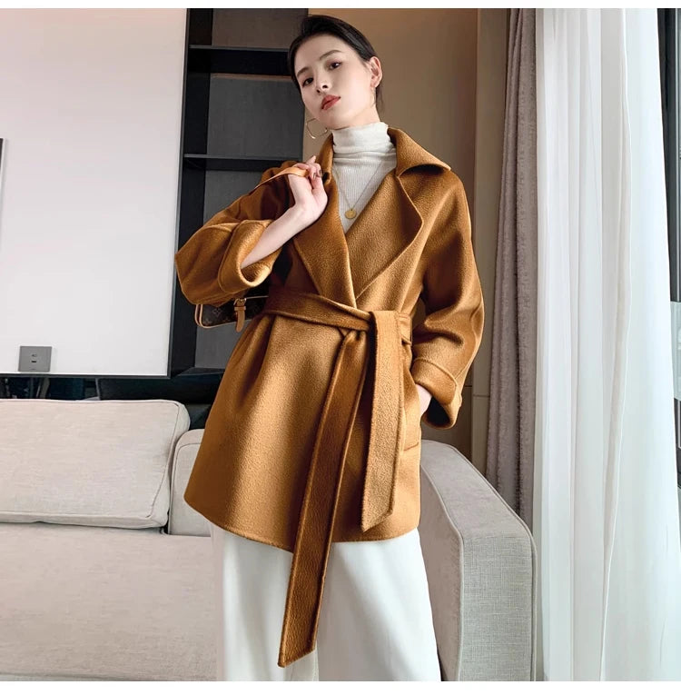 Autumn New Short Double-sided Cashmere Water Ripple Coat Women Turn-down Collar Loose Tempeament Warm Casual wool Jacket Female