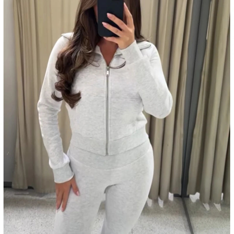 MUJER Flare Pants Sets for Women 2 Pieces Fleece High Waist Woman Trousers Sets Zipper Cropped Women's Jacket Streetwear Outfits