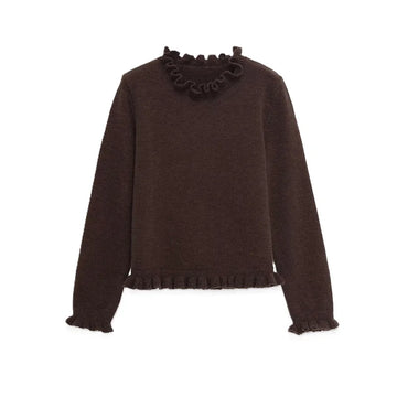 Women's Top 2025 Autumn New Style Dark Brown Long-Sleeve Layered Decorative Knit Pullover Casual Fashion