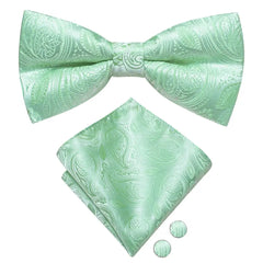 Hi-Tie Silk Mens Bow Tie Hanky Cufflinks Set Sage Mint Grass Teal Green Pre-tied Butterfly Knot Bowtie for Male Wedding Business