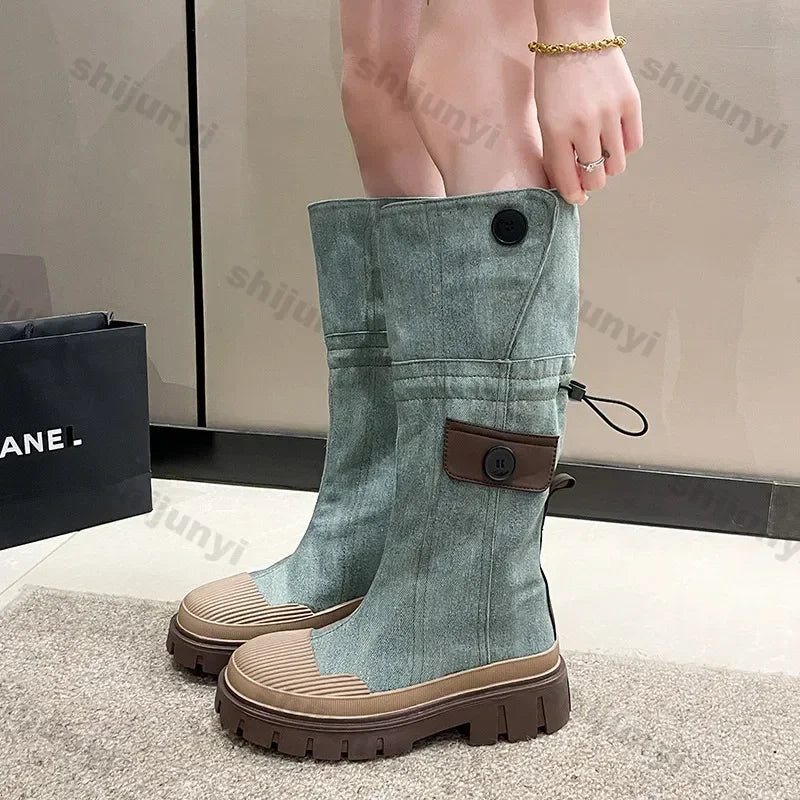 Women Blue Denim Thigh High Boots Thick Heels Simple Thick High Heels Autumn Winter New Fashion Platform Knee High Knight Boots