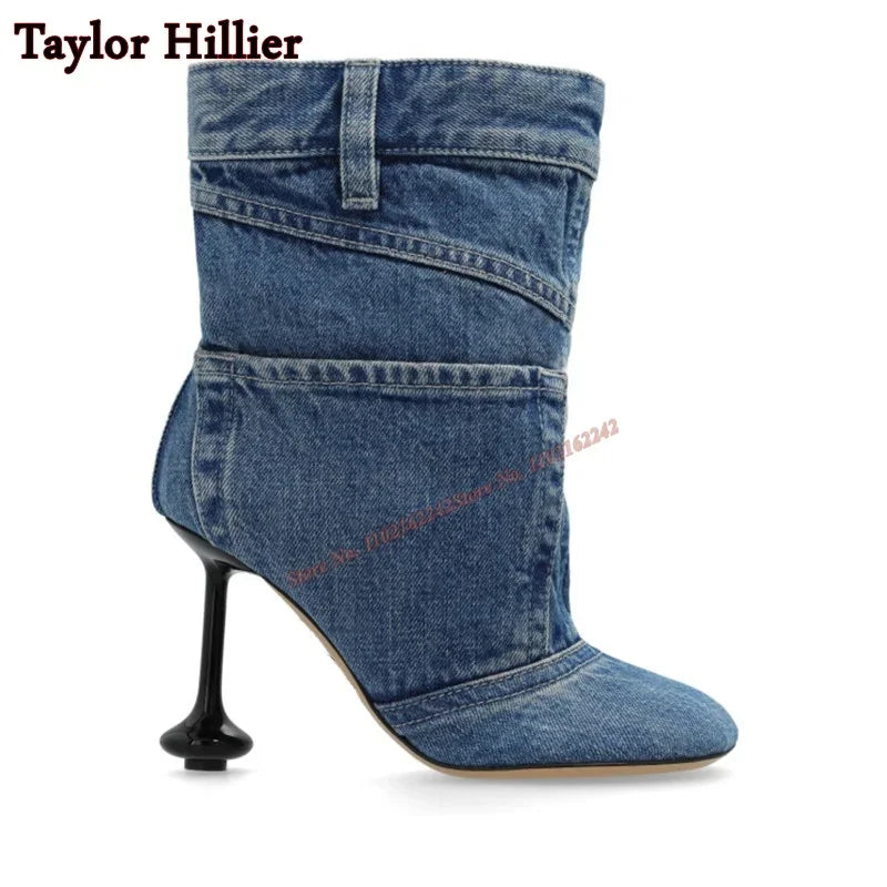 Autumn Special-Shaped Square Toe Short Boots Blue Stitching Cowboy Women'S Boots Fashion Party Catwalk Slip-On Luxury Short Boot
