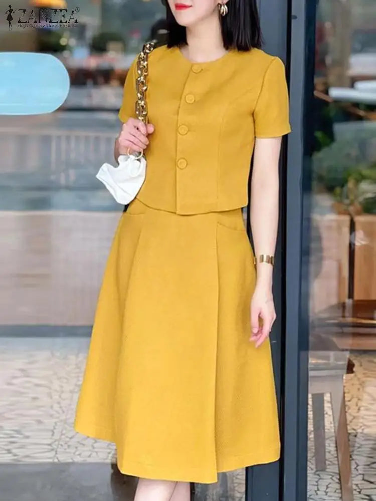 ZANZEA Casual Buttons 2PCS Suit Women Solid Skirt Sets Elegant Short Sleeve Tops Pleated Short Skirt Summer Office Dress Outfits