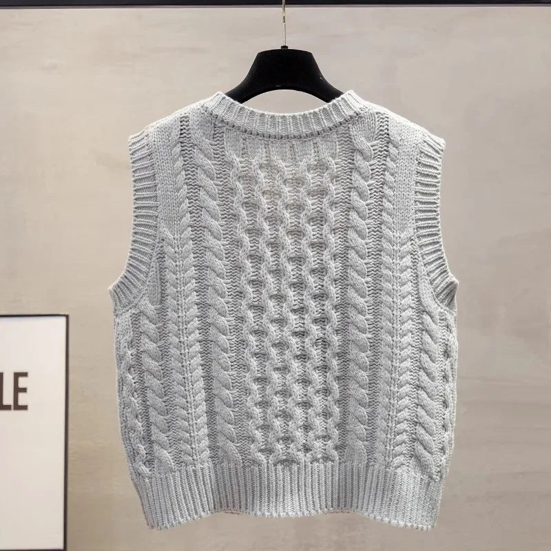 2025 New Knitted Sweater Vest Women Cardigan Spring Autumn Fashion O-Neck Sleeveless Jacket Loose Waistcoat Female Tide T1255