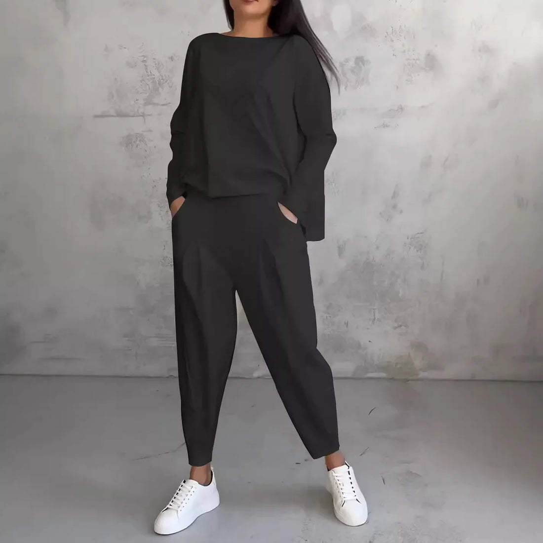 Women's Two-piece Solid Color Round Neck Long Sleeved Top and Casual Pants Set for Autumn 2024