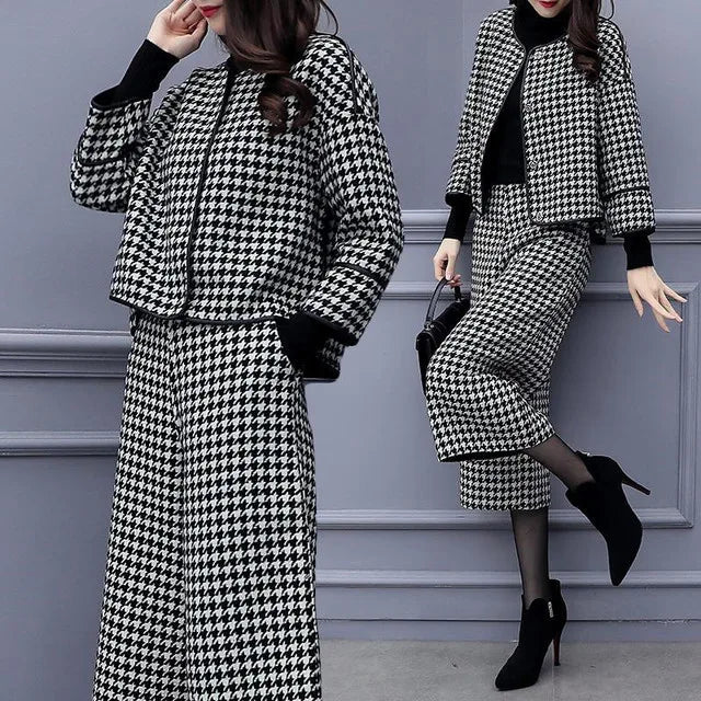 Women Pants Sets Coat Calf Length Trousers 2 Piece Suit Plaid Print Outfits Autumn Winter Ensemble Single Breasted Office Lady