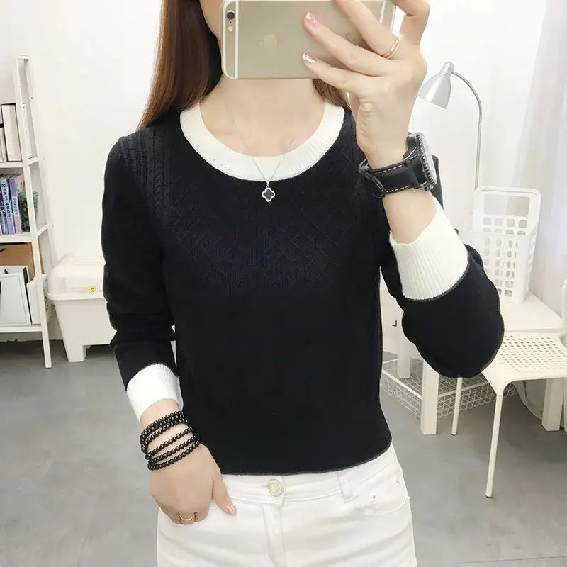 Lantern Long Sleeve Sweater Knitted Women's Clothing Casual Round Neck Autumn Winter Contrast Color Comfortable Korean Tops