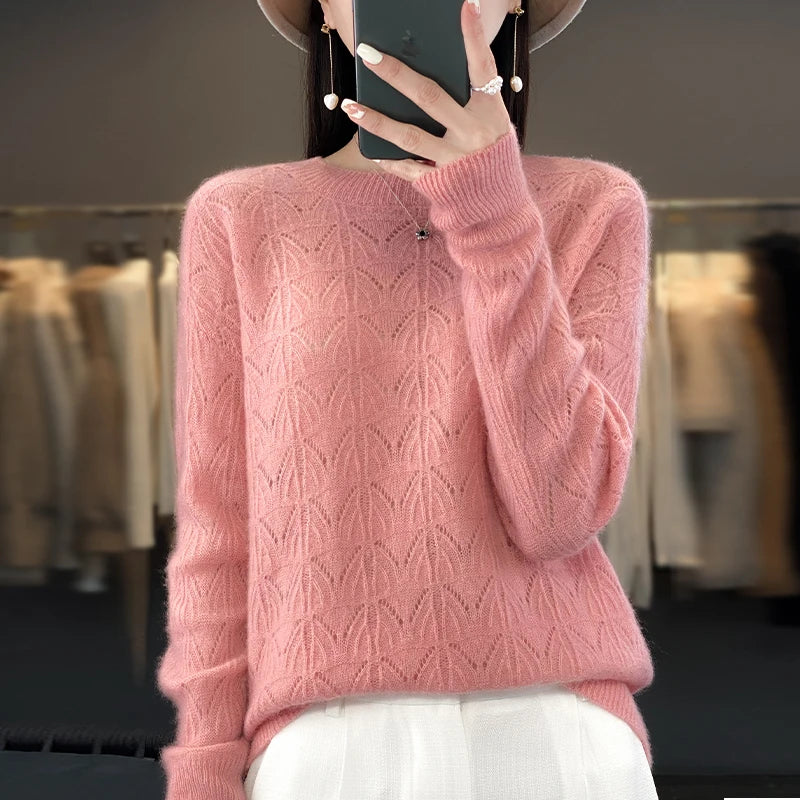 BELIARST Women's Clothing Sweater Spring and Autumn New Knitted Hollow Top 100% Merino Wool O-Neck Pullover Cashmere Sweater