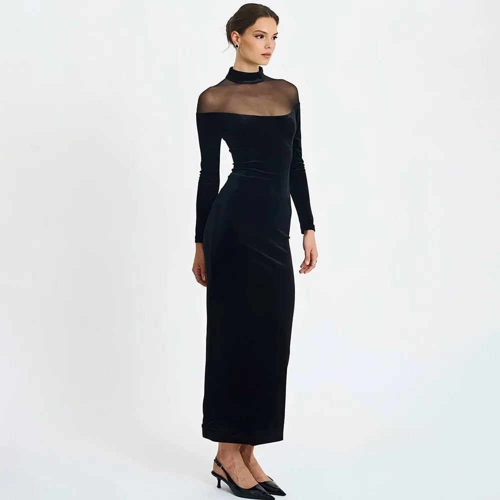 European and American autumn-winter fashion: Mesh sheer sequined plaid dress, stylish and sexy tight solid-color long dress