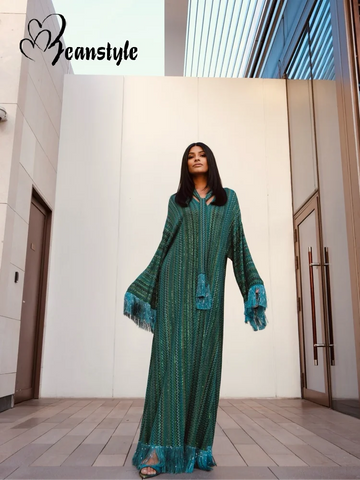 Stripe Tassel With Scarf Women Dresses Sexy Off Shoulder Female Maxi Dress 2025 Summer Fashion Party Full Sleeve Lady Vestidos