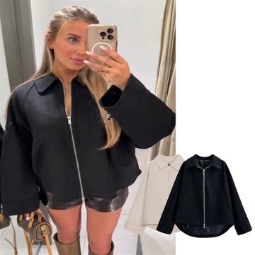 Tidalyf 2025 Women Wool Coat Turn Down Collar Long Sleeve Zipper Front Back Cape Detail Elegant Chic Autumn Winter Outerwear