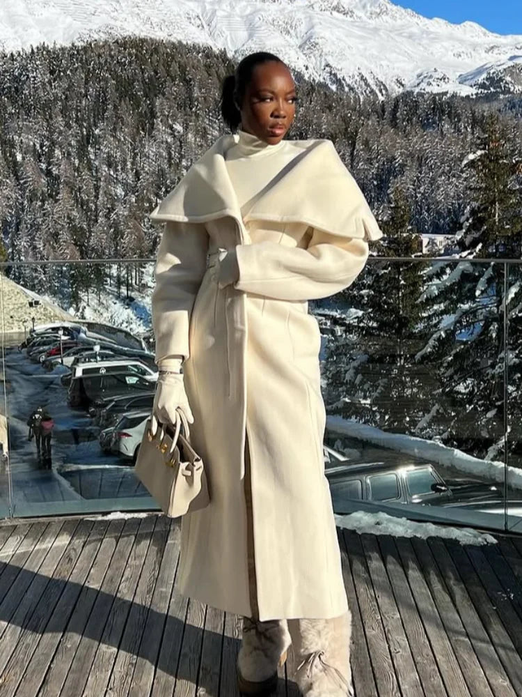 Woolen Big Turn-down Collar Belts Long Coat Women Split Single Breasted Elegant Long Sleeve Commute Jacket 2025 Winter Outerwear
