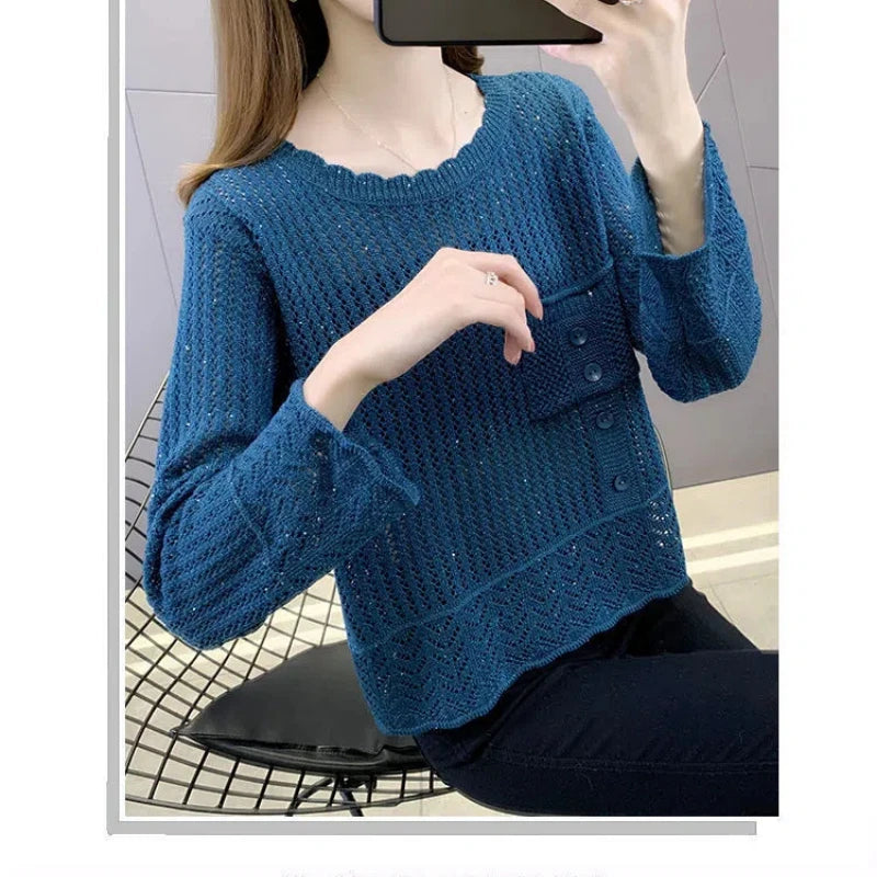 Spring Autumn Round Neck Hook Flower Hollow Button Solid Color Long Sleeve Sweater Knitted Elegant Casual Loose Women's Tops