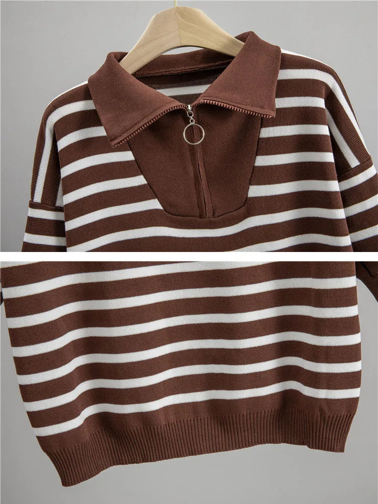 Korean Loose Knitted 2 Piece Sets Women Striped Design Knitted Sweater Pullover Tops Conjuntos High Waist Straight Pants Outfit