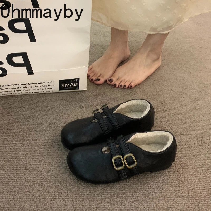 Warm Cotton Women Ballet Flats Comfort Soft Sole Short Plush Mary Jane Shoes Outdoor Grandma's shoes For Autumn Winter 2026