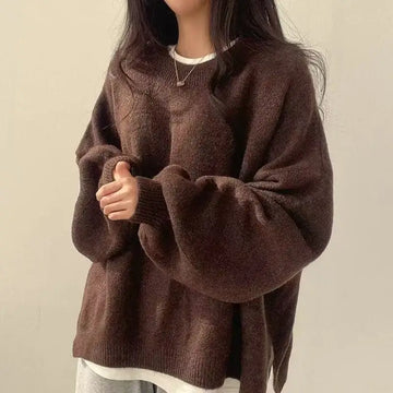 REALEFT Autumn Winter Korean Loose Women's Knitted Sweaters 2025 New Side Split Long Sleeve Solid Casual Pullovers Tops Female