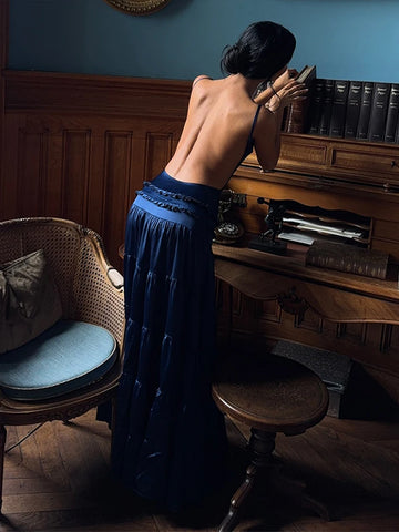 Elegant Suspender Sleeveless Backless Party Dress Blue V-neck Ruffles Spliced Long Dresses Sexy Lady New Year Evening Robes