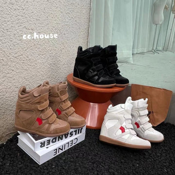 2026 Autumn/Winter New Genuine Leather 8cm Thick-Soled Velcro High-Top Sneakers, Women's, Versatile Casual Sneakers