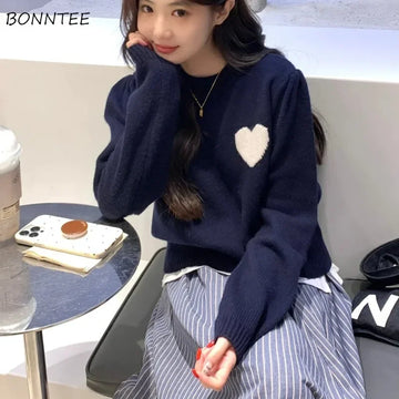 Heart Printed Pullovers for Women Knitted Lazy Style Korean Fashion Ins Slouchy All-match Daily Autumn Sweaters Classic Popular