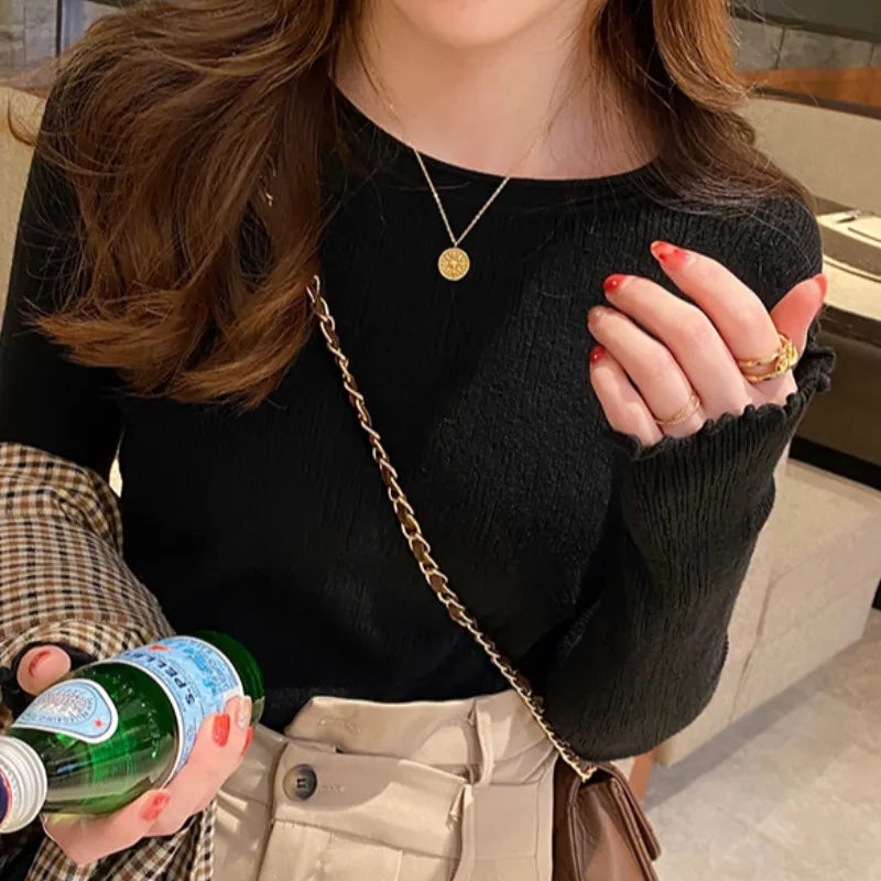 Knitted Sweater Women Pullovers Fashion Long Sleeve O-Neck White Knit Sweater Pullover Women Tops Sweaters Sueters De Mujer Q751