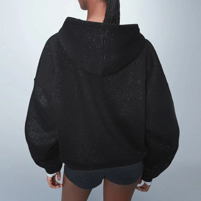 Trendy Hooded Sweatshirt Glitter Speckled Black Casual Minimalist Sportswear Niche Design Chic Autumn Women's Retro Street Top