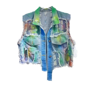 Summer New Korean Sleeveless Denim Vest Jacket Women Fashion Short Tie-Dyed Lapel Jeans Waistcoat Top Female Loose Clothes T1080