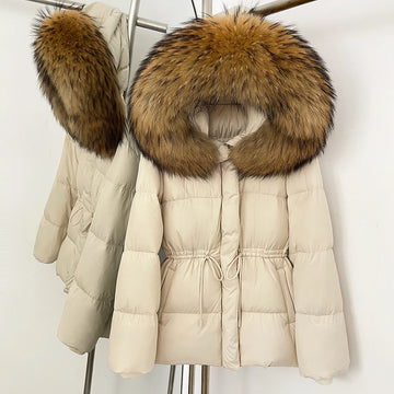 Down Jacket Hooded Long Sleeves Real Fur Duck Down Outerwear Female New Real Fox Fur Coat Autumn Winter Warm Women Puffer Jacket