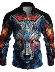 2024 Wolf Artistic Men's Button Up Shirt Long Sleeve Party Evening Daily Fall Winter Shirt Collar 3D Print Thin Blue Polyester