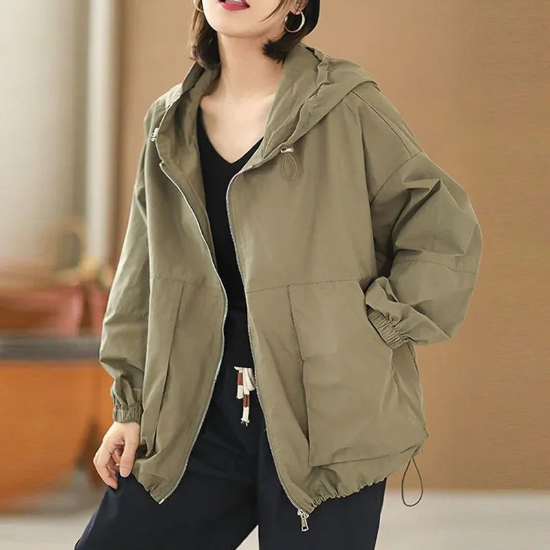 Hooded Loose Trench Coat Women Spring Autumn New Solid Color Long Sleeves Fashion Casual Zipper Short Windbreaker Female T1226