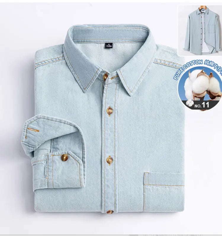 100% cotton denim young and middle-aged men's long-sleeved shirt autumn and winter casual no-iron solid color high quality