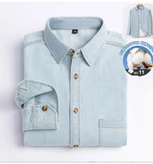 100% cotton denim young and middle-aged men's long-sleeved shirt autumn and winter casual no-iron solid color high quality