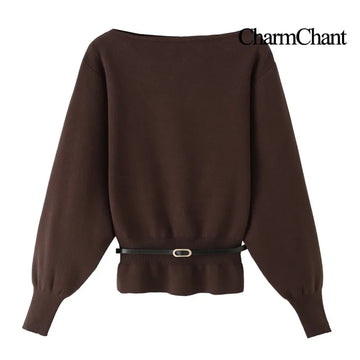 CharmChant Belted Waist Boat Neck Knit Sweater for Women Spring Autumn 2026 Cozy Knitwear Jumper Puff Sleeves Pullovers Woman