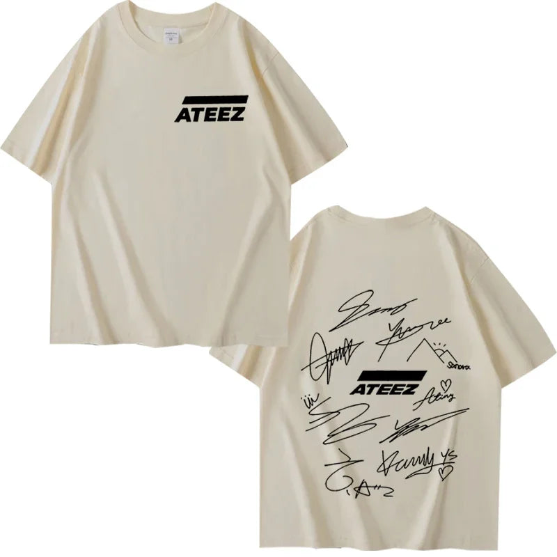 ATEEZ World Tour with Band Member Signatures & Geometric Back Print T Shirt men women  Summer Unisex tops