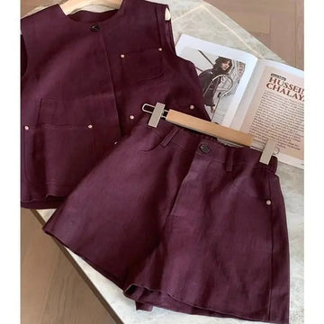 BESTBAFU Purple Two Piece Suit Women O-Neck Single Breasted Pocket Vest + Wide Leg Shorts Formal Office Solid Color Outfit 784P