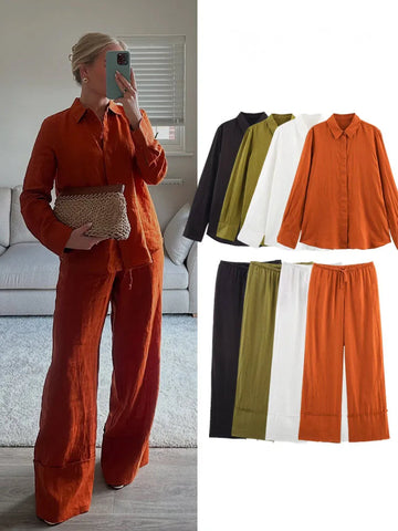 HH Women Casual Pants Suit Turn-down Collar Long Sleeve Single-Breasted Loose Shirt Top+High Waist Draw Rope Pocket Trousers