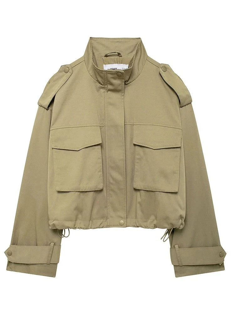 Women's Fashion Fall New Street Army Green Jacket Two Piece Vintage Lapel Pocket Windbreaker Straight Pleated Pants