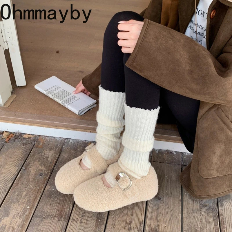 Warm Cotton Women Flats Shoes Comfort Soft Sole Short Plush Mary Jane Shoes Outdoor Grandma's shoes For Autumn Winter 2026