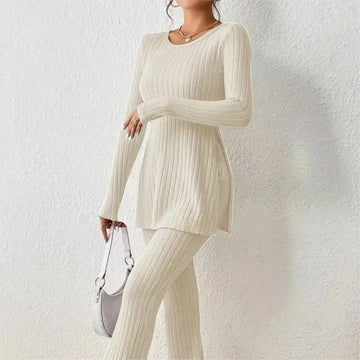 Autumn Winter Women's Clothing New Style Solid Color Sexy Casual Long Sleeved Round Neck Slit Fashion Temperament Two-piece Set