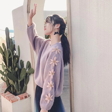 Three-dimensional Flower Embroidered Knitted Sweater for Autumn and Winter Loose and Lazy Pullover Cute and Sweet Top