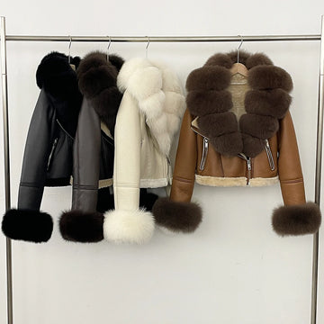 OFTBUY Fox Fur Jacket Winter Real Fur Cuffs Clothes Women Short Faux Leather Fake Fur Inner Jacket Female Thick Warm Fur Coat