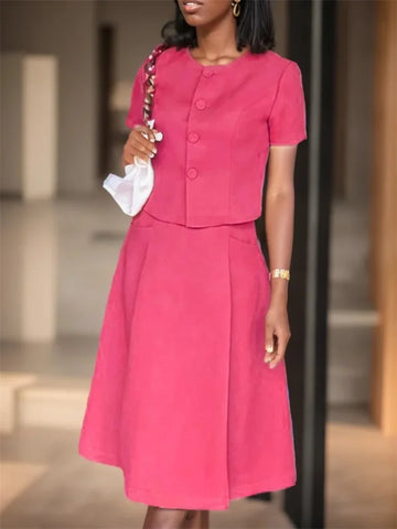 ZANZEA Casual Buttons 2PCS Suit Women Solid Skirt Sets Elegant Short Sleeve Tops Pleated Short Skirt Summer Office Dress Outfits